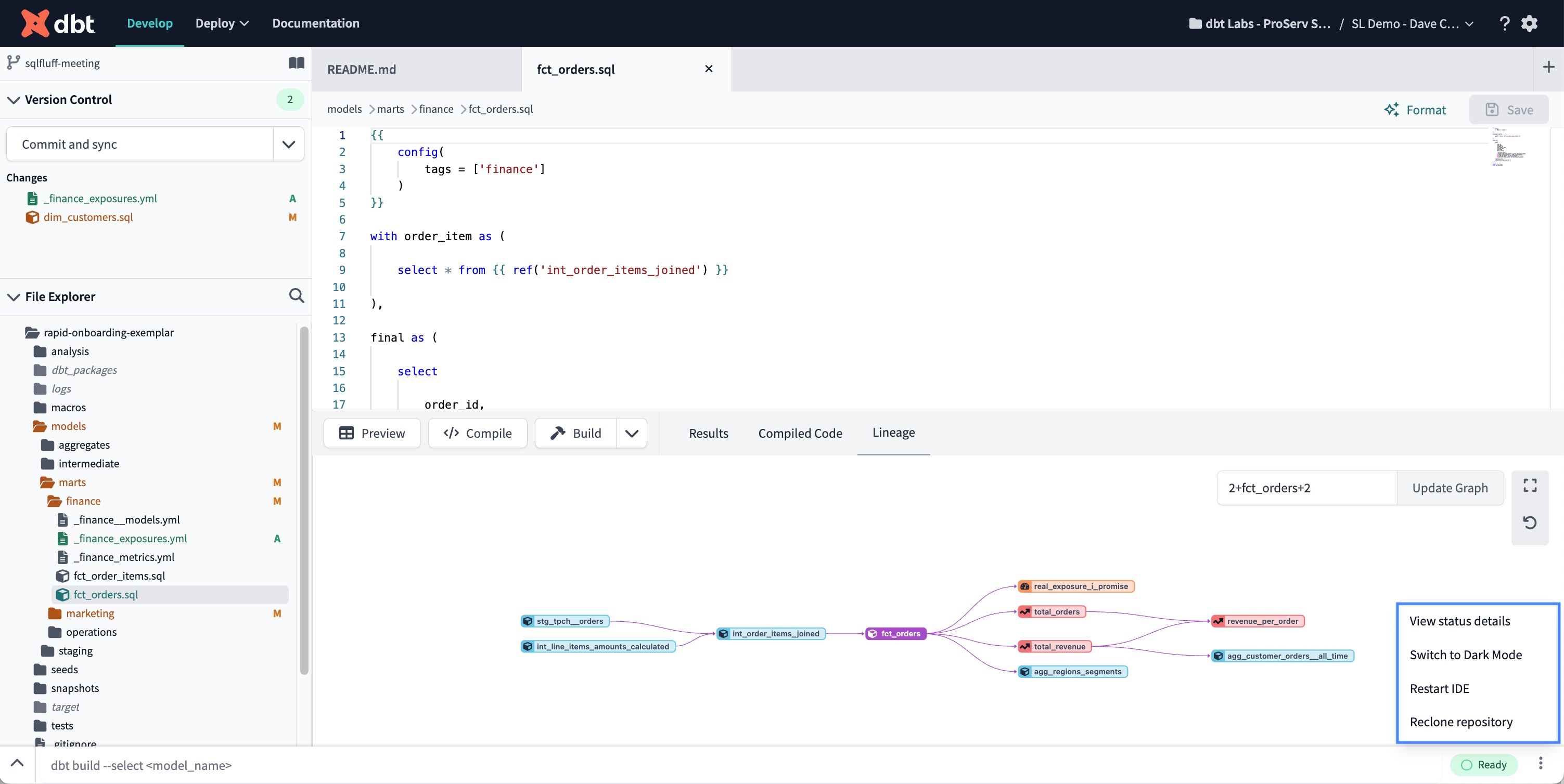 Access the IDE Options menu to switch to dark or light mode, restart the IDE, reclone your repo, or view the IDE status